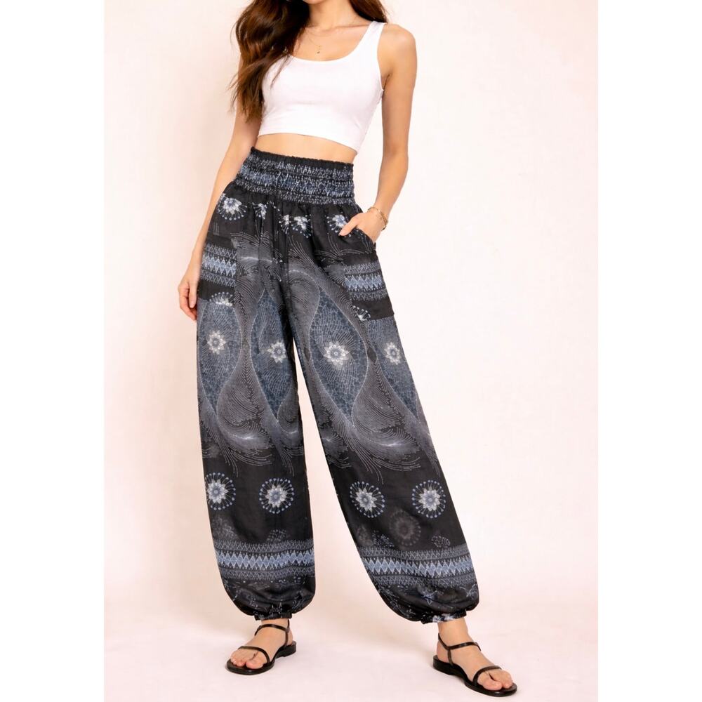 Boho Harem Pants – Black & White Print – One Size